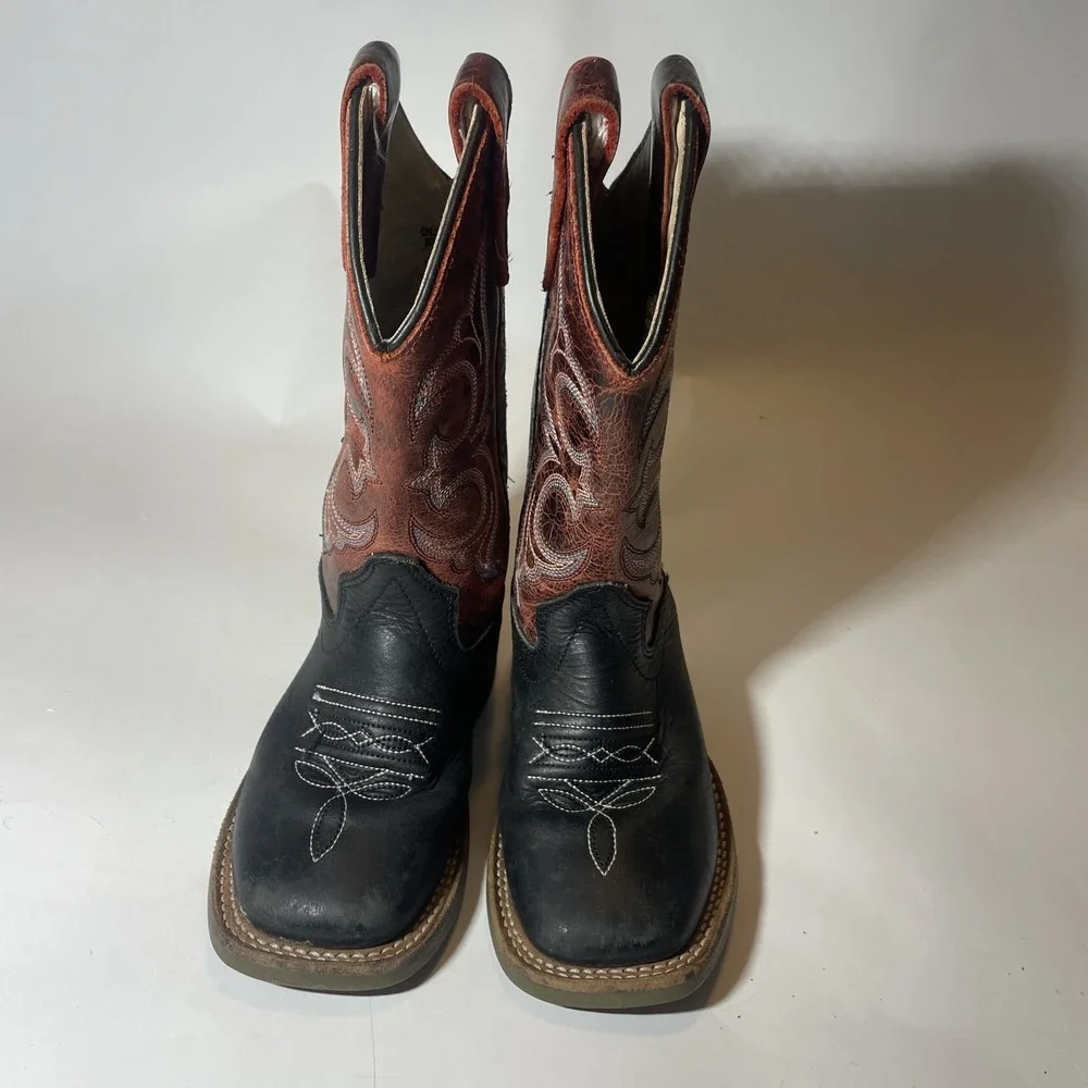 Old West Kids Unisex Broad Square Toe Brown/Fuchsia Waxy Leather Cowboy Boots